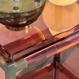 Rare 1960s Italian raspberry peach lucite and brass shelving unit by Sharra Pagano