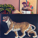 Huge 1960s Tibetan tiger on black linen.