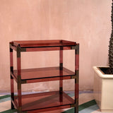 Rare 1960s Italian raspberry peach lucite and brass shelving unit by Sharra Pagano