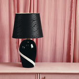 1980s large black and white ribbon Murano glass lamp with original shade.