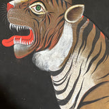 Huge 1960s Tibetan tiger on black linen.