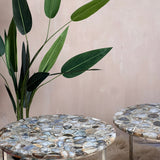 Blue Agate marble side table on chrome base. Two available