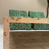 Large Italian burr wood coffee table with blue mirror top.