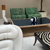 Large Italian burr wood coffee table with blue mirror top.