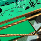 1950s Italian green glass and brass drinks/bar cart hand painted flamingo design