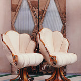 1920s Art deco, champagne silk large swivel shell back chairs. Sold separately.
