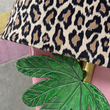 1970s pair of Tomasso Barbi leaf wall lights with leopard print shades