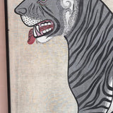 Large 1970s framed Tiger painting monochrome.