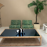 Large Italian burr wood coffee table with blue mirror top.