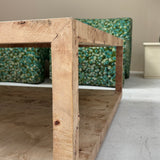 Large Italian burr wood coffee table with blue mirror top.