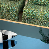 Large Italian burr wood coffee table with blue mirror top.