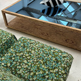 Large Italian burr wood coffee table with blue mirror top.