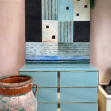 Large midcentury abstract painting. Blue, turquoise, mint green and peach C.1974